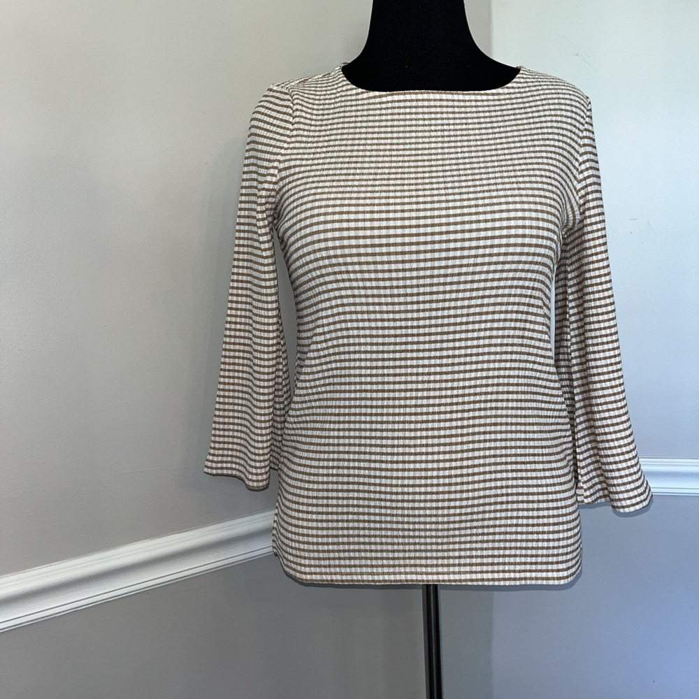 Chico's Brown White Striped Knit 3/4 Sleeve Tunic Top Size 0 Small (4-6)‎ Casual